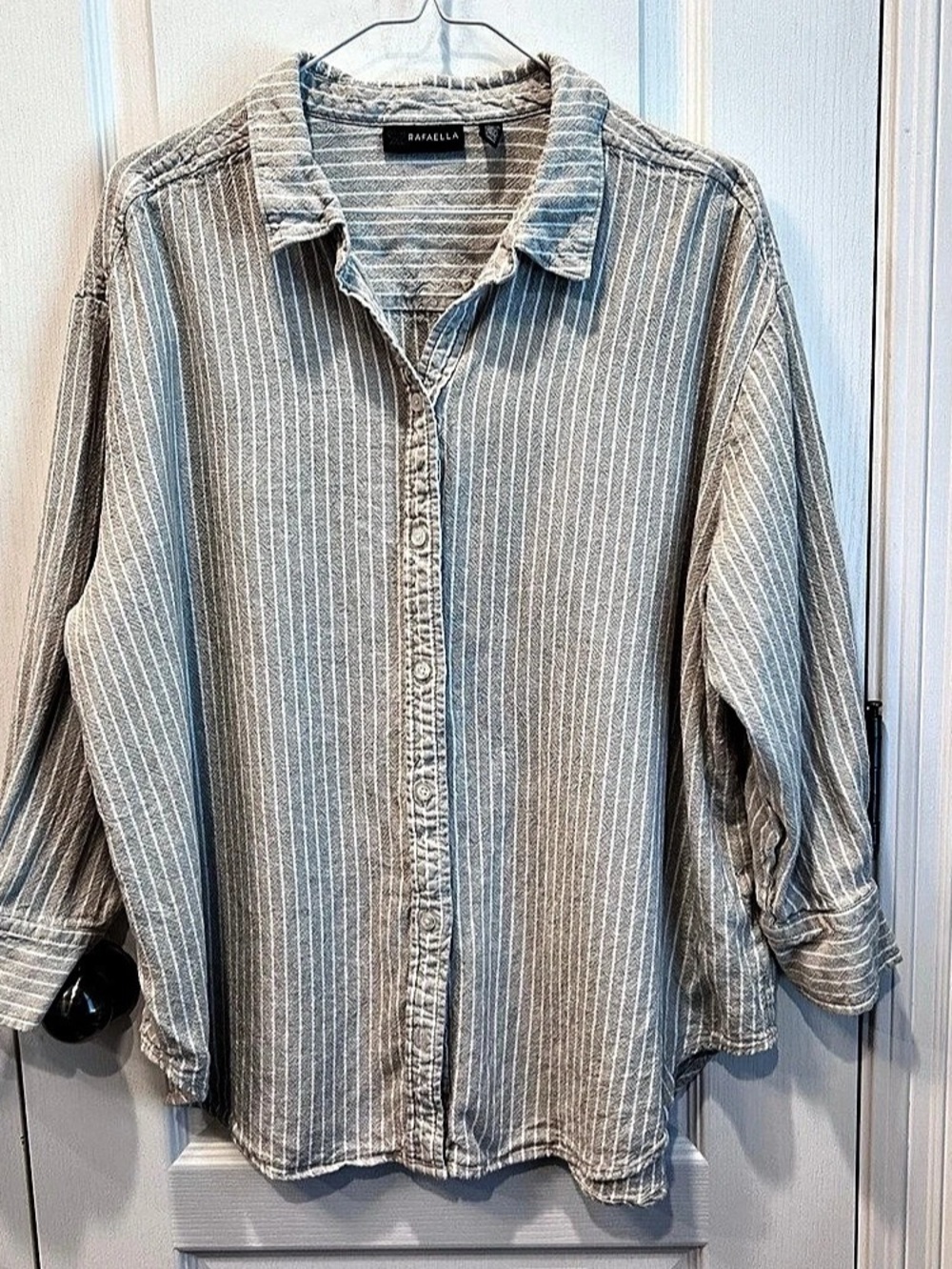 Rafaella Women’s Plus 2X Beige & White Striped Linen Blend Button Front